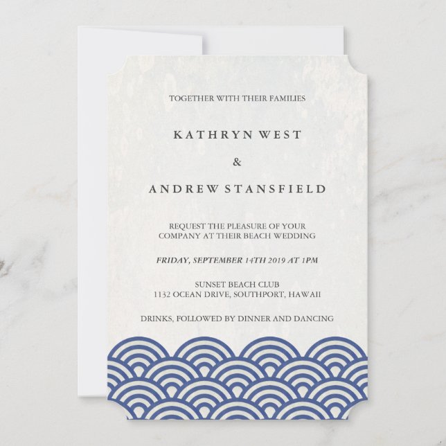 Invitation Classique Elégant Bleu + Blanc Plage Mariage (Devant)