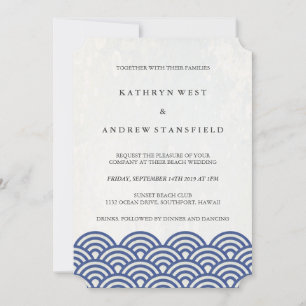 Invitation Classique Elégant Bleu + Blanc Plage Mariage
