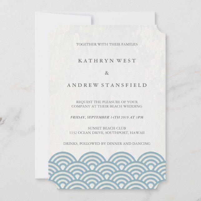 Invitation Classique Elégant Bleu + Blanc Plage Mariage (Devant)