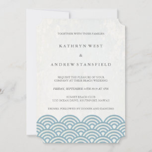 Invitation Classique Elégant Bleu + Blanc Plage Mariage