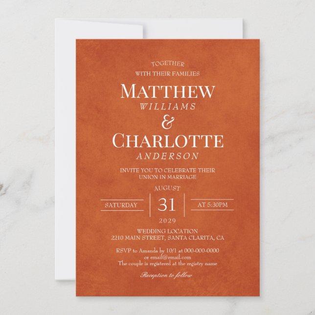 Invitation Classique Elegant Burnt Orange Mariage (Devant)