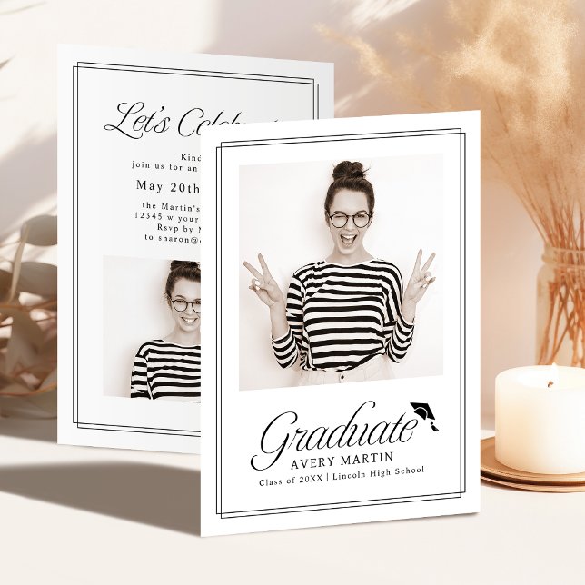Invitation Classique Élégant Cadre Script Photo Remise des di (Classic Framed Elegant Script Photo Graduation Invitation)