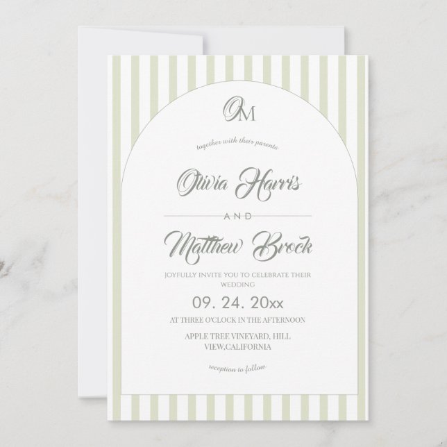 Invitation Classique Élégant⎮Mariage rayé de sauge  (Devant)