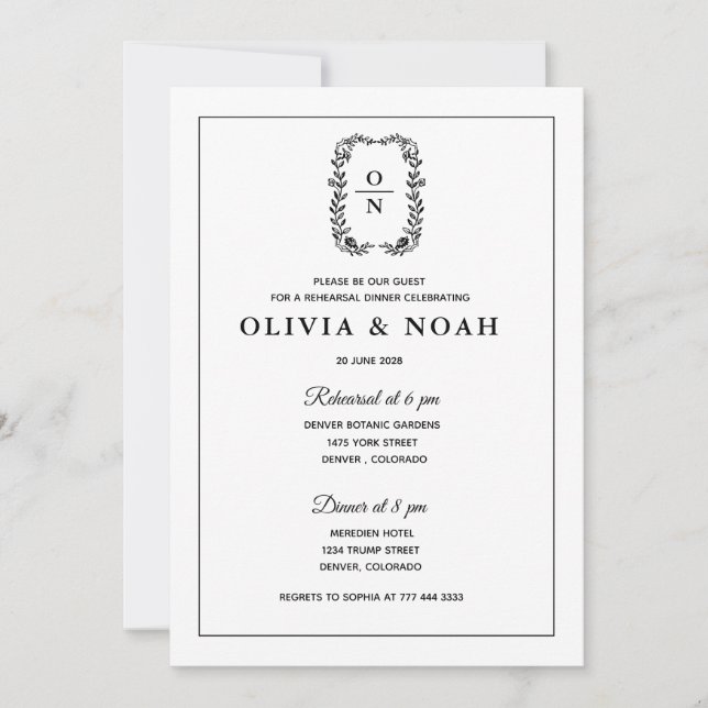 INVITATION CLASSIQUE ÉLÉGANT NOIR BLANC SIMPLE FORMEL RÉPÉTIT (Devant)