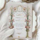 Invitation classique Enchanted Garden Wedding<br><div class="desc">Cette faire-part de mariage est une toile romantique peinte dans les tons doux d'un jardin anglais. Les fleurs de carnation rose, corail et ivoire descendent en cascade les urnes dorées ornées, symbolisant la croissance et la floraison de l'amour. L'arcade fleurie, ornée d'une végétation délicate, encadre les initiales du couple dans...</div>