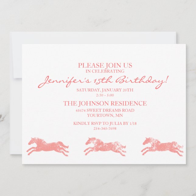 Invitation Classique Equestre filles Quinzième anniversaire (Devant)
