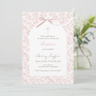 Invitation Classique fille chrétienne baptême toile rose