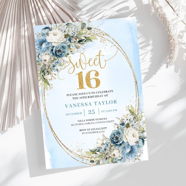 Invitation Classique Fleurs Bleu Poussiéreux 16e Anniversaire (Classic Dusty Blue Floral Sweet 16th Birthday Invite)