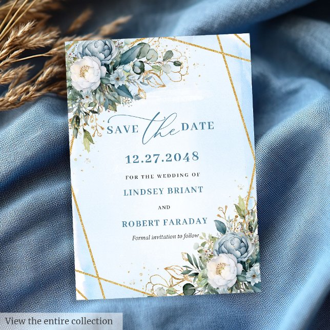 Invitation Classique Fleurs Bleu Poussiéreux Blanc Or Faire P (Classic Dusty Blue White Gold Flowers Save The Date)