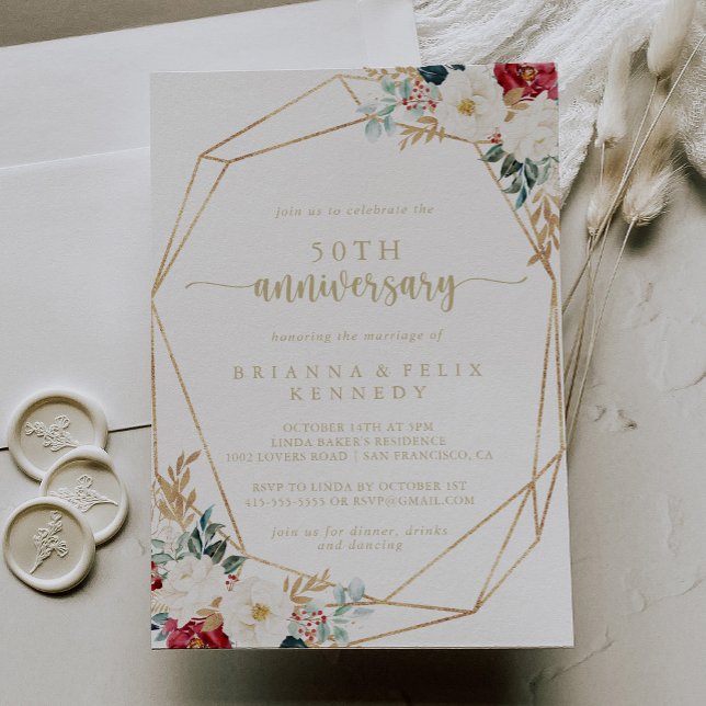Invitation Classique Floral Or 50e Anniversaire de Mariage  (Créateur téléchargé)