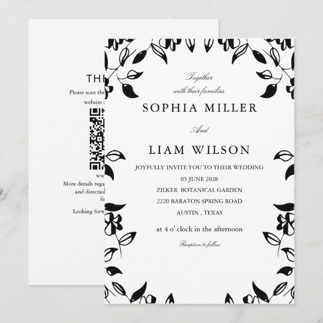 Invitation classique floral sauvage noir et blanc QR  (Devant / Derrière)