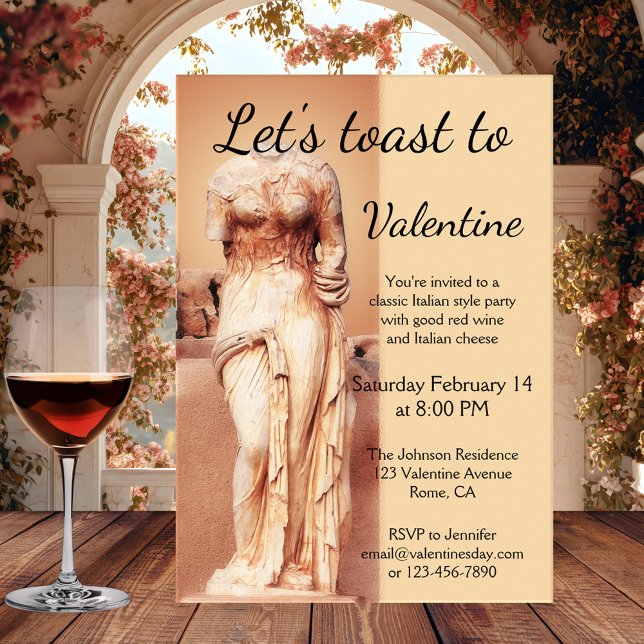 Invitation Classique Italien Amour Déesse Valentine Invitatio (Romantic classic Italian style Valentine's Day party invitation featuring an elegant Roman statue)