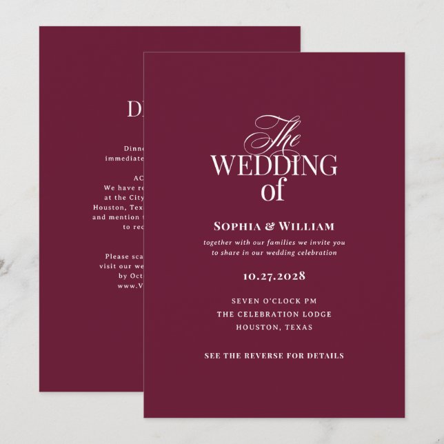 Invitation Classique Luxe Bourgogne | Code QR de mariage tout (Devant / Derrière)