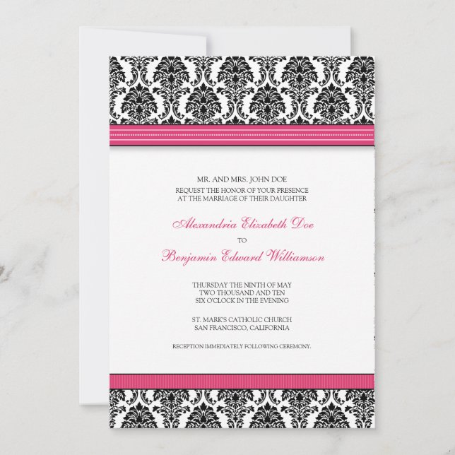 Invitation classique Mariage damassé (ruban fuchsi (Devant)