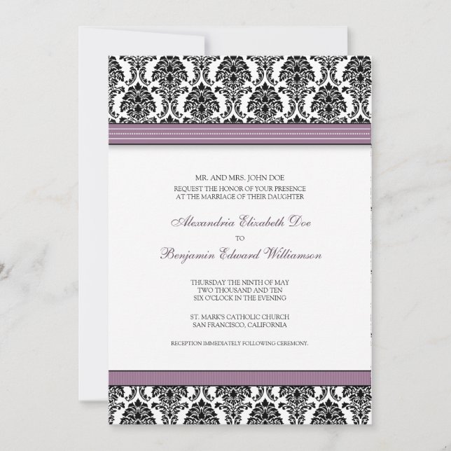 Invitation classique Mariage damassé (rubans lilas (Devant)