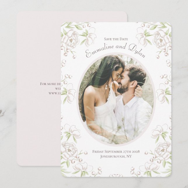 Invitation Classique Mariage Fleur Blanche Photo Save the Dat (Devant / Derrière)