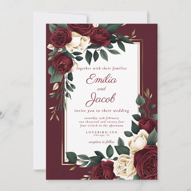 Invitation Classique Mariage Fleur Rose Blanche Bourgogne Or  (Devant)