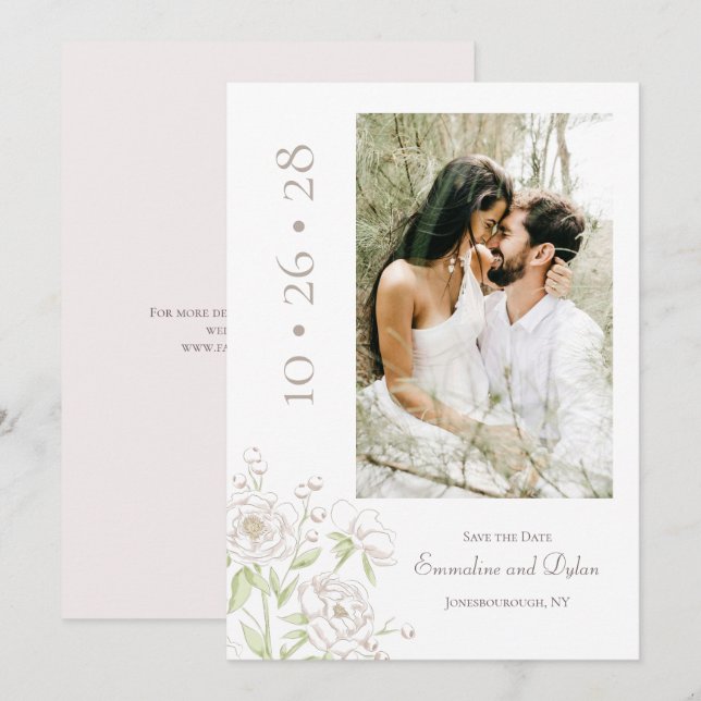 Invitation Classique Mariage Rose Blanche Enregistrer la Date (Devant / Derrière)
