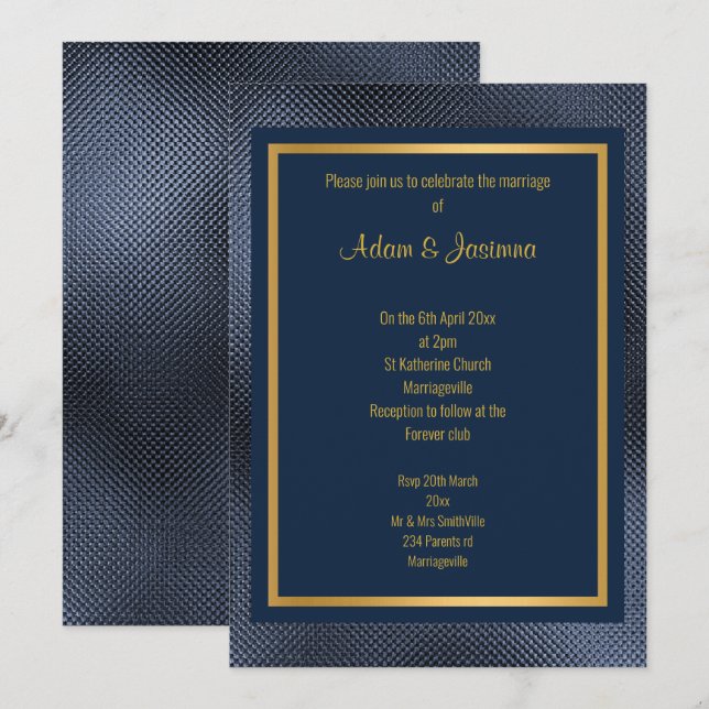 INVITATION CLASSIQUE MARINE OR LAYERED EMBOSSÉ MARIAGE (Devant / Derrière)