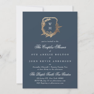 Invitation classique marine or motif monogramme couples douch