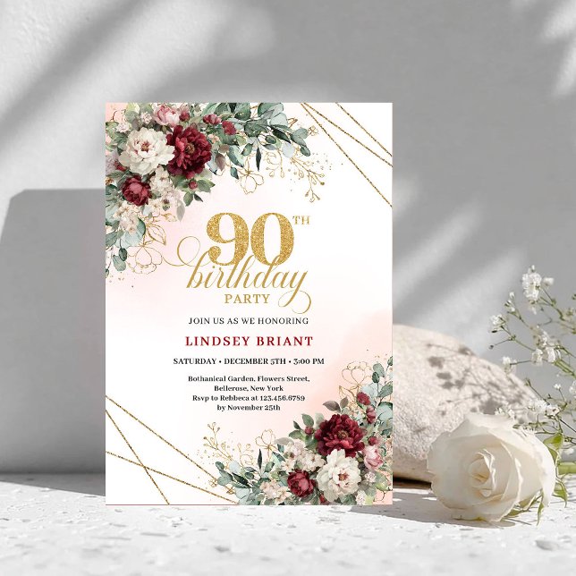 Invitation Classique Marsala Floral Végétal 90e Anniversaire (Classic Marsala Floral Greenery 90th Birthday)