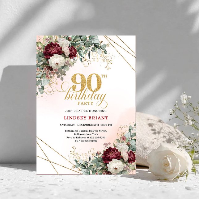 Invitation Classique Marsala Floral Vegetation 90e Anniversai (Classic Marsala Floral Greenery 90th Birthday)