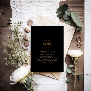Invitation Classique minimal Or Noir C'est Une Fille Baby Sho