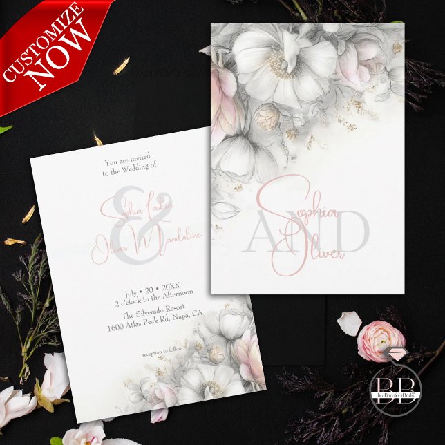 Invitation Classique Moderne Fleurs d'Ivoire et Rose  (Créateur téléchargé)