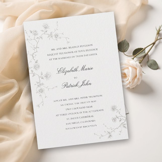Invitation Classique Moderne Formel Roses Sauvages Art Ivory  (formal wedding invitation modern classic wild roses art sketch floral art calligraphy parents host)