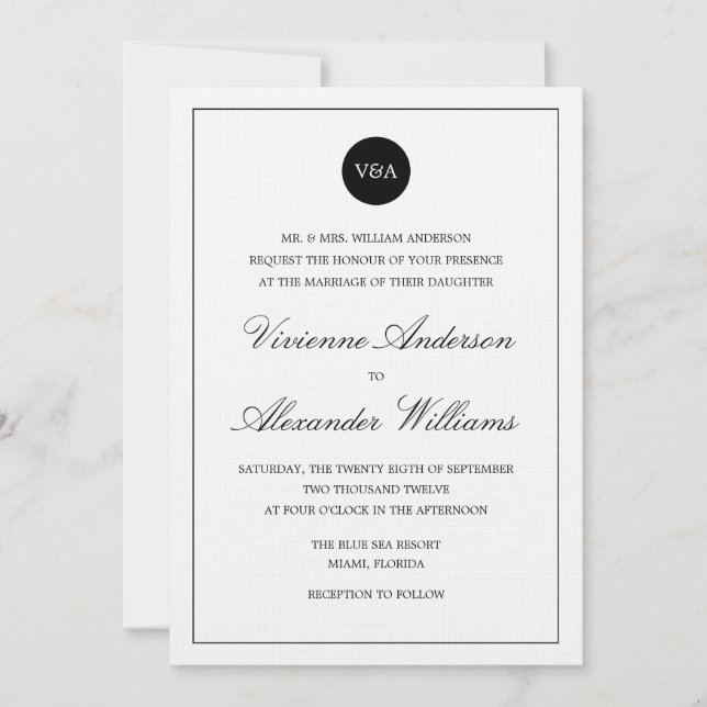 INVITATION CLASSIQUE MONOGRAMME | CARTON D'INVITATION DE MARI (Devant)