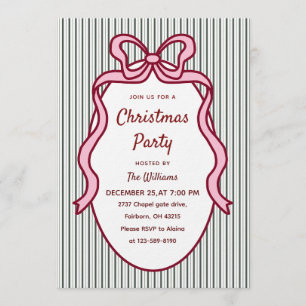 Invitation Classique Noël rayures vert foncé et nœud rose