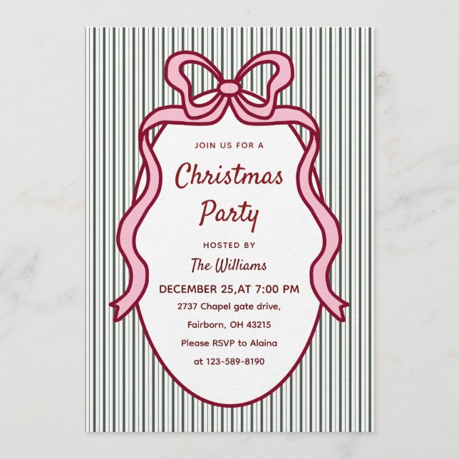 Invitation Classique Noël rayures vert foncé et nœud rose  (Devant)