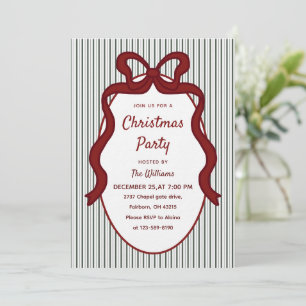 Invitation Classique Noël rayures vert foncé et nœud rouge