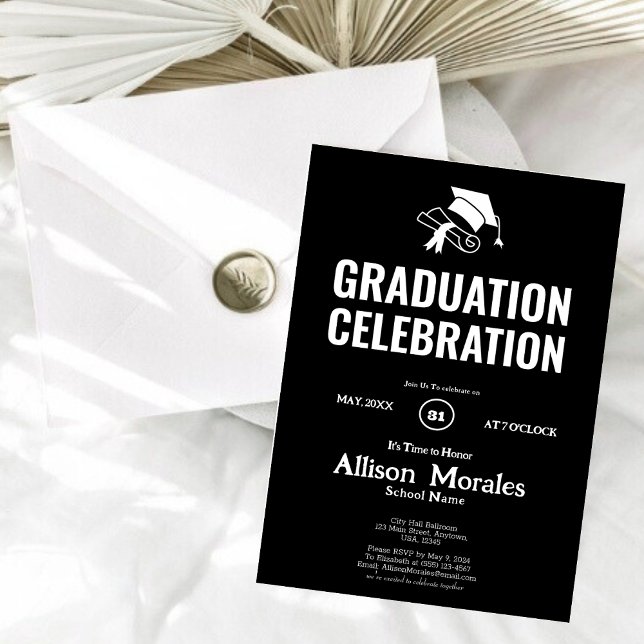 Invitation Classique Noir Blanc Simple Classic Graduation (Créateur téléchargé)