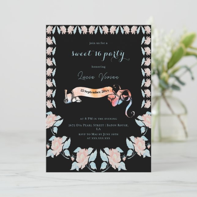 Invitation Classique Noir et rose clair Fleur douce 16 (Debout devant)
