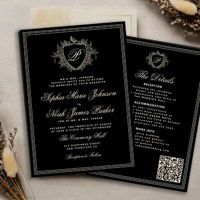 Invitation Classique noir ivoire QR monogramme mariage formel (Créateur téléchargé)