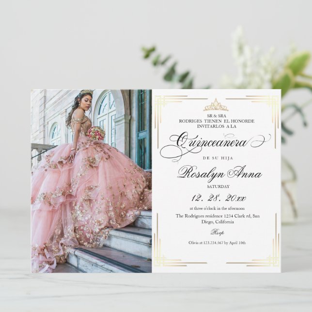 Invitation Classique Or Blanc Script Photo Quinceañera  (Debout devant)