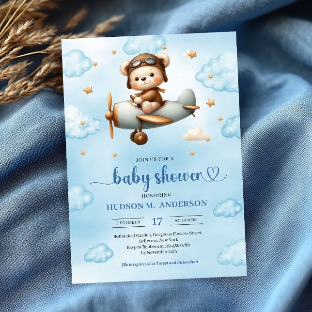 Invitation Classique Ours en Peluche Pilote Bleu Marron pour  (Classic Boy Shower Invite Teddy Bear Pilot Blue Brown

)