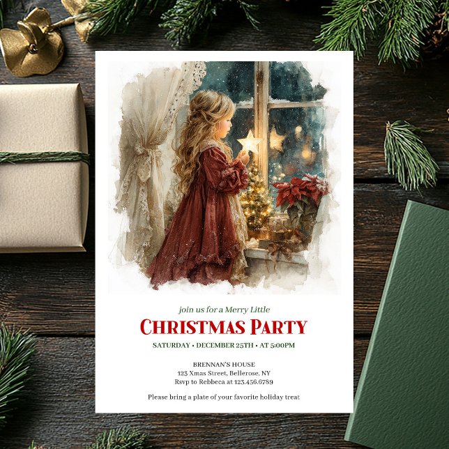 Invitation Classique petite fille victorienne attendant le Pè (Classic Victorian Little Girl Awaiting Santa Digital Invite)
