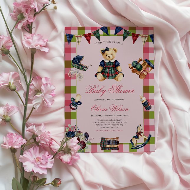 Invitation classique pour baby shower fille ours e (Elegant Pink Stripe Plaid Teddy Bear Girl Baby Shower Invitation Classic Bearly Wait)