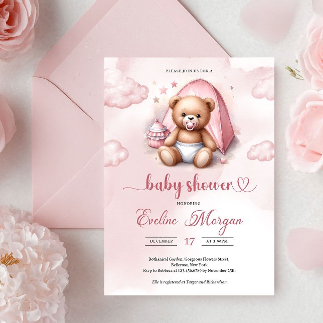 Invitation classique pour une baby shower fille av (Classic girl baby shower invitation teddy bear)