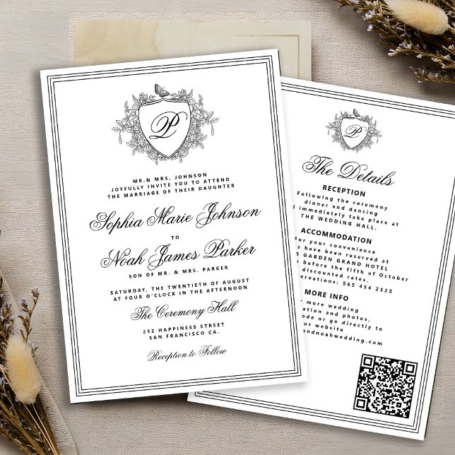 Invitation Classique QR code de mariage monochrome formel mon (Créateur téléchargé)