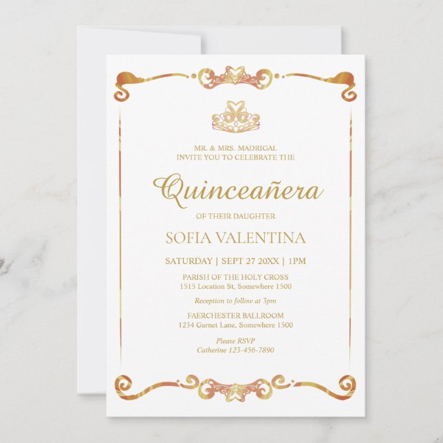 Invitation classique Quinceanera blanche et or (Devant)