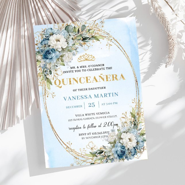 Invitation Classique Quinceañera Bleu Poussiéreux  (Classic Dusty Blue Gold Greenery Quince Invitation)