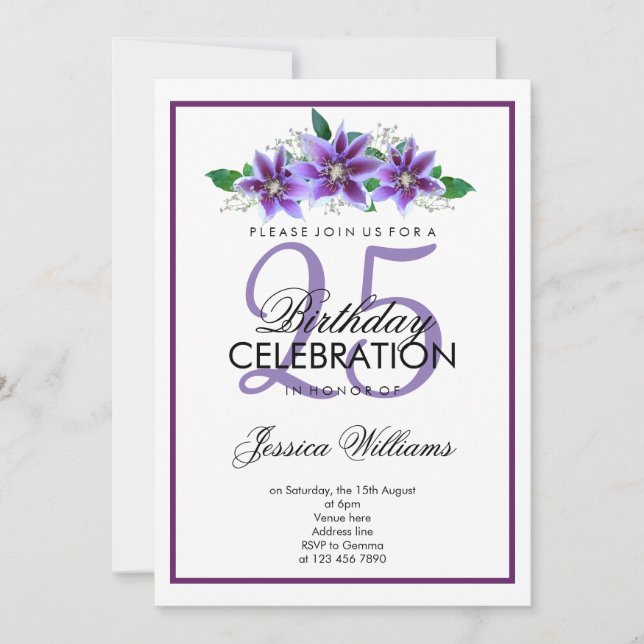 Invitation Classique romantique violet Clematis Anniversaire (Devant)