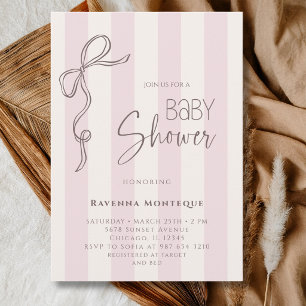 Invitation Classique Rose Perle À Rayures Nœud Papillon Baby