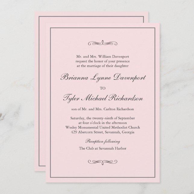 Invitation Classique Simple Elegance Blush Pink Mariage (Devant / Derrière)