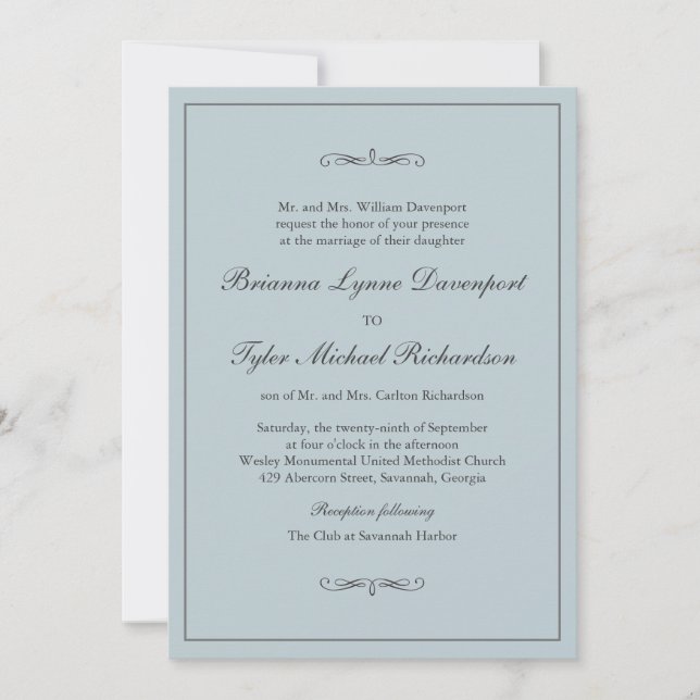 Invitation Classique Simple Elégance Dusty Blue Mariage (Devant)