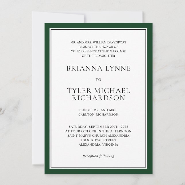 Invitation Classique Simple Elegant Forest Green Edging Maria (Devant)