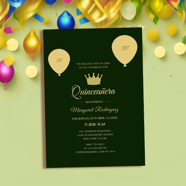 Invitation classique vert et or élégant quinceañera (Créateur téléchargé)
